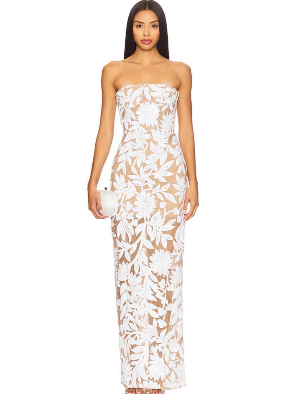 Strapless White Floral Lace Overlay Evening Gown